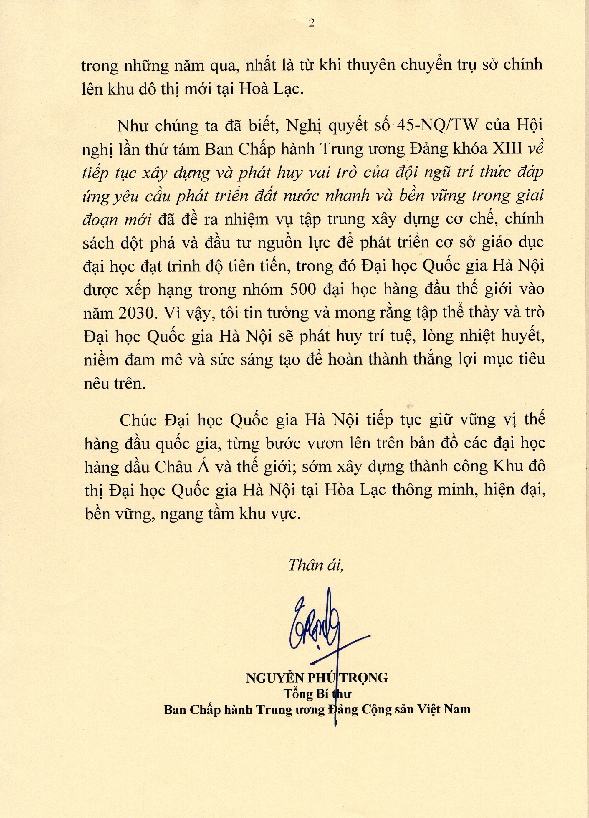 Tổng Bí thư Nguyễn Phú Trọng gửi thư chúc mừng Đại học Quốc gia Hà Nội- Ảnh 2.