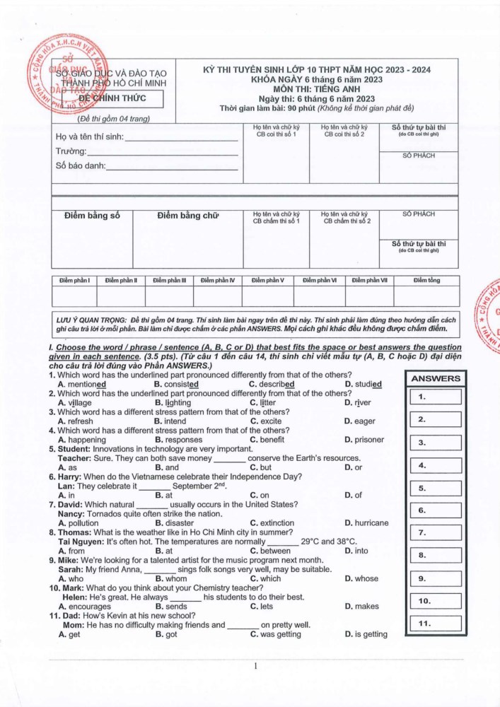 Thành phố Hồ Chí Minh công bố đáp án chính thức 3 môn thi vào lớp 10 - Ảnh 12.