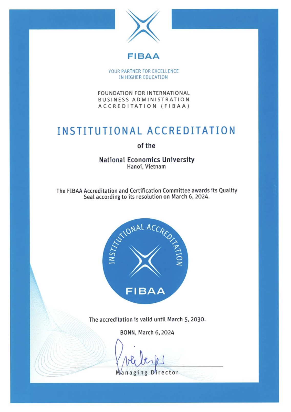 Trường Đại học Kinh tế Quốc dân được cấp chứng nhận đạt chuẩn chất lượng cơ sở giáo dục của FIBAA - Ảnh 1.
