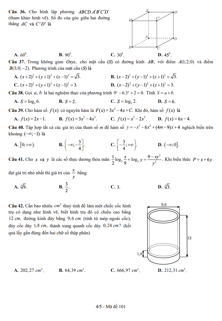 Đề thi thử tốt nghiệp Trung học phổ thông môn Toán của Hậu Giang- Ảnh 4.