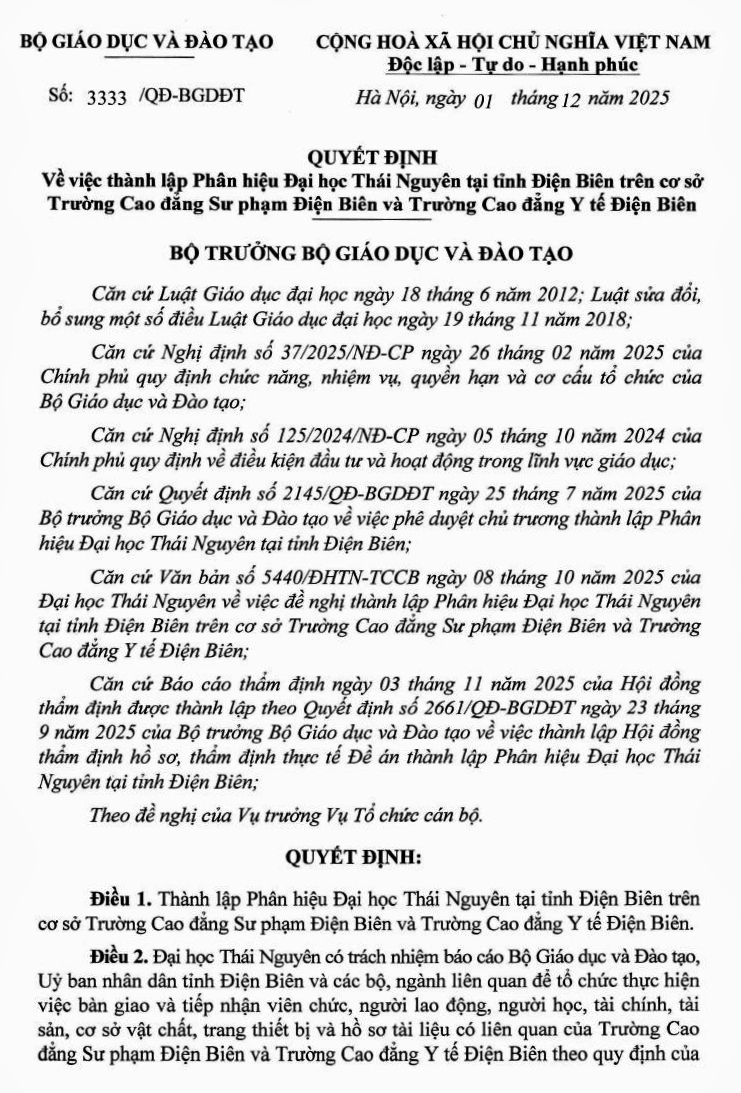 Thành lập Phân hiệu Đại học Thái Nguyên tại tỉnh Điện Biên - Ảnh 1.