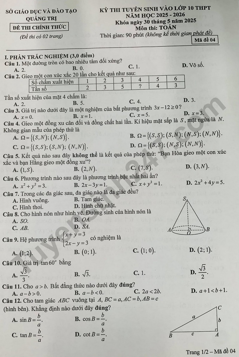 Đề thi môn Toán vào lớp 10 năm 2025 của Quảng Trị có gợi ý đáp án - Ảnh 1.