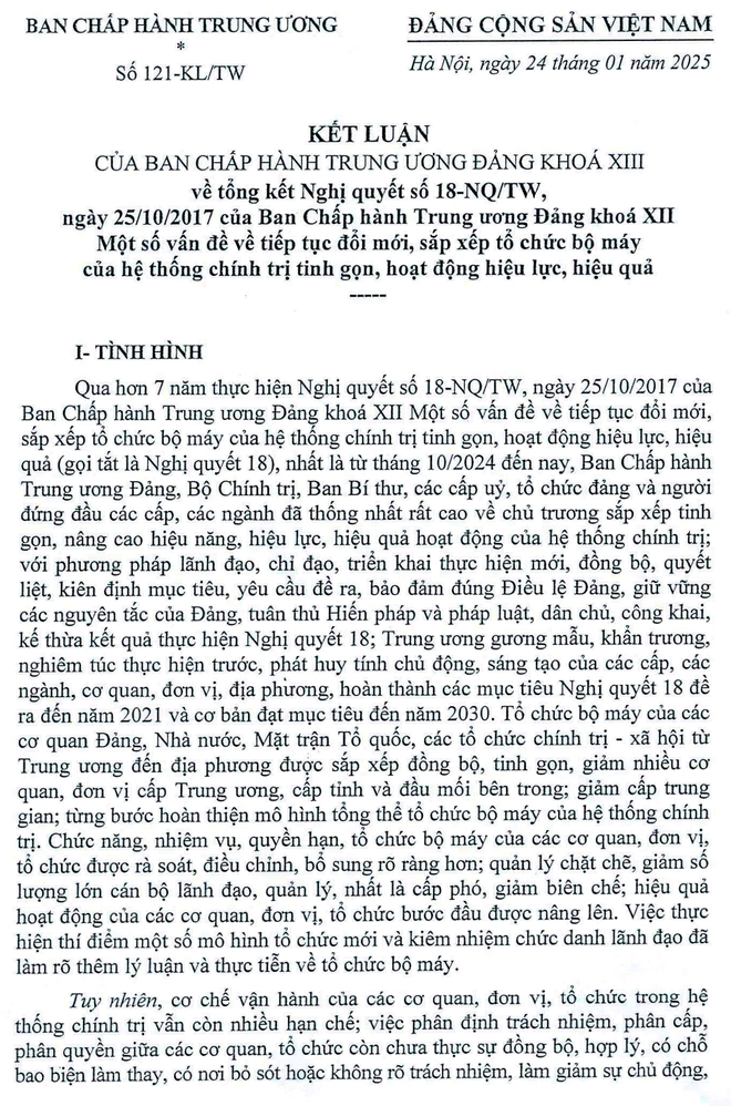 Ban hành Kết luận tổng kết Nghị quyết số 18-NQ/TW Trung ương Đảng về sắp xếp, tinh gọn bộ máy - Ảnh 1.