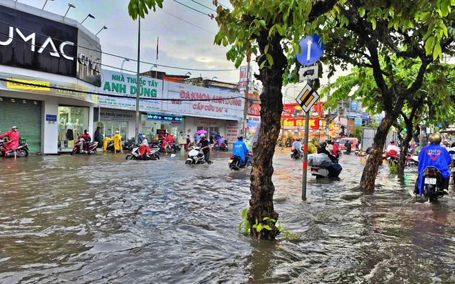 Cảnh s&aacute;t giao th&ocirc;ng Th&agrave;nh phố Hồ Ch&iacute; Minh hỗ trợ người d&acirc;n di chuyển qua đoạn đường ngập s&acirc;u - Ảnh 4.