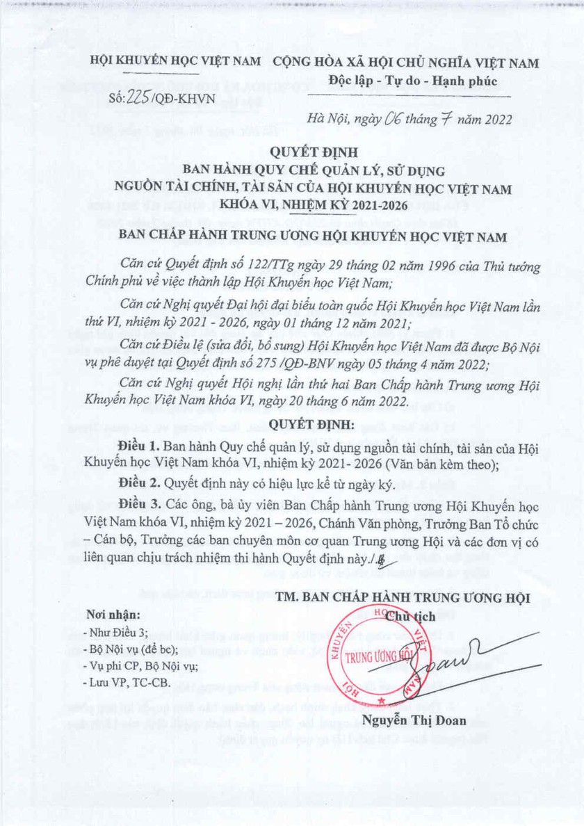 Quyết định số 225/QĐ-KHVN về quy chế quản lý, sử dụng nguồn tài chính, tài sản của Hội Khuyến học Việt Nam khóa VI (2021-2026) - Ảnh 1.