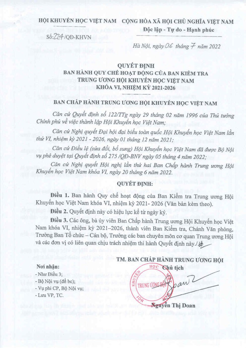 Quyết định số 224/QĐ-KHVN về quy chế hoạt động của Ban kiểm tra Trung ương Hội Khuyến học Việt Nam khóa VI, nhiệm kỳ 2021-2026 - Ảnh 1.