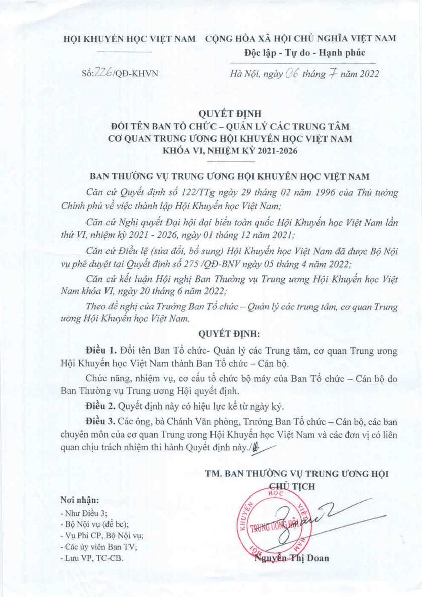 Quyết định số 226/QĐ-KHVN đổi tên Ban Tổ chức - Quản lý các Trung tâm, Cơ quan trung ương Hội Khuyến học Việt Nam - Ảnh 1.