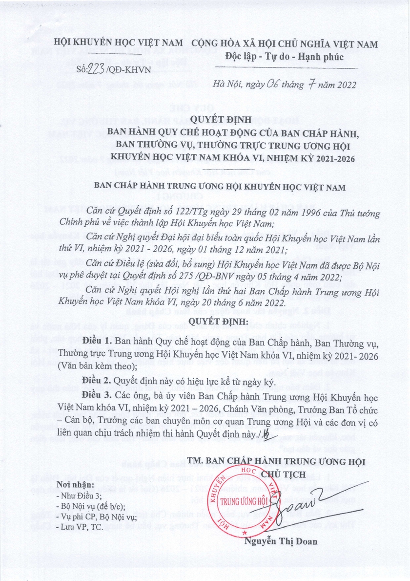 Quyết định số 223/QĐ-KHVN về Quy chế hoạt động của Ban chấp hành thường vụ, thường trực Trung ương Hội Khuyến học Việt Nam - Ảnh 1.