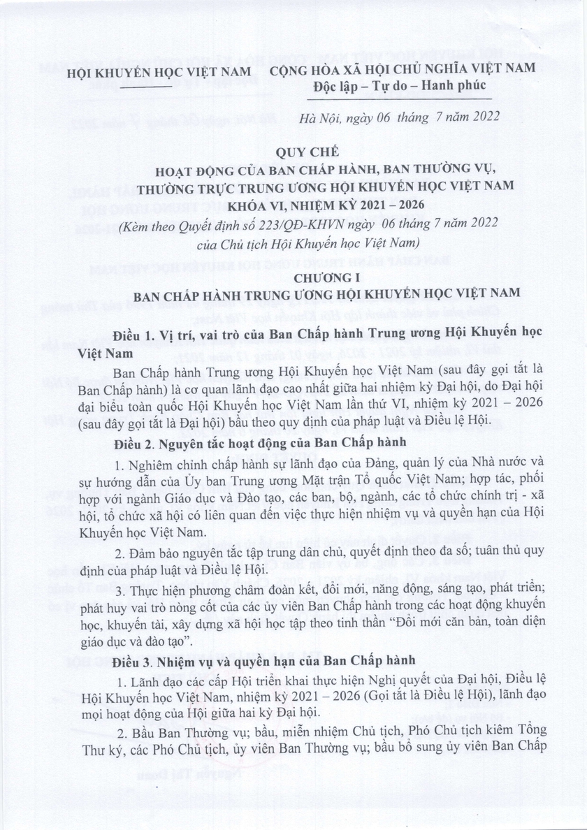 Quyết định số 223/QĐ-KHVN về Quy chế hoạt động của Ban chấp hành thường vụ, thường trực Trung ương Hội Khuyến học Việt Nam - Ảnh 2.