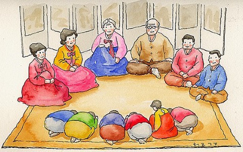 Tết ở Hàn Quốc: mọi người mặc trang phục Hanbok truyền thống để cử hành nghi lễ thờ cúng tổ tiên. Trẻ nhỏ thể hiện sự tôn trọng với người lớn bằng nghi thức bái lạy, chúc thọ. 