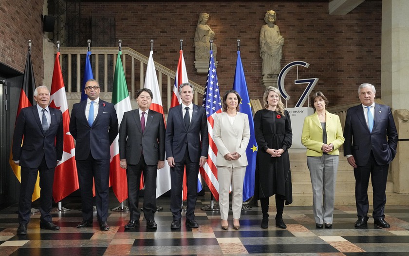 Hội nghị có sự tham dự của người đứng đầu ngành ngoại giao các nước Mỹ, Nhật Bản, Đức, Anh, Pháp, Canada, Italy và một quan chức Liên minh châu Âu (EU). Ảnh: AP.