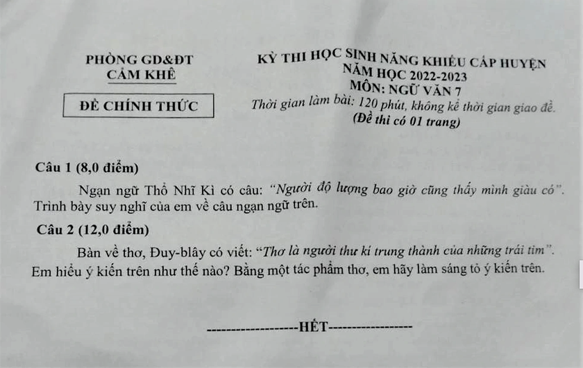 'Choáng' với đề thi học sinh giỏi môn Văn lớp 7 khó như lớp 12 - Ảnh 1.