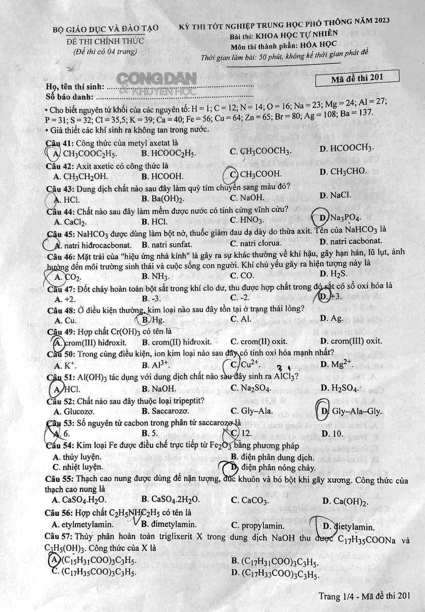 Đề thi môn Hóa học thi tốt nghiệp trung học phổ thông năm 2023 - Ảnh 1.