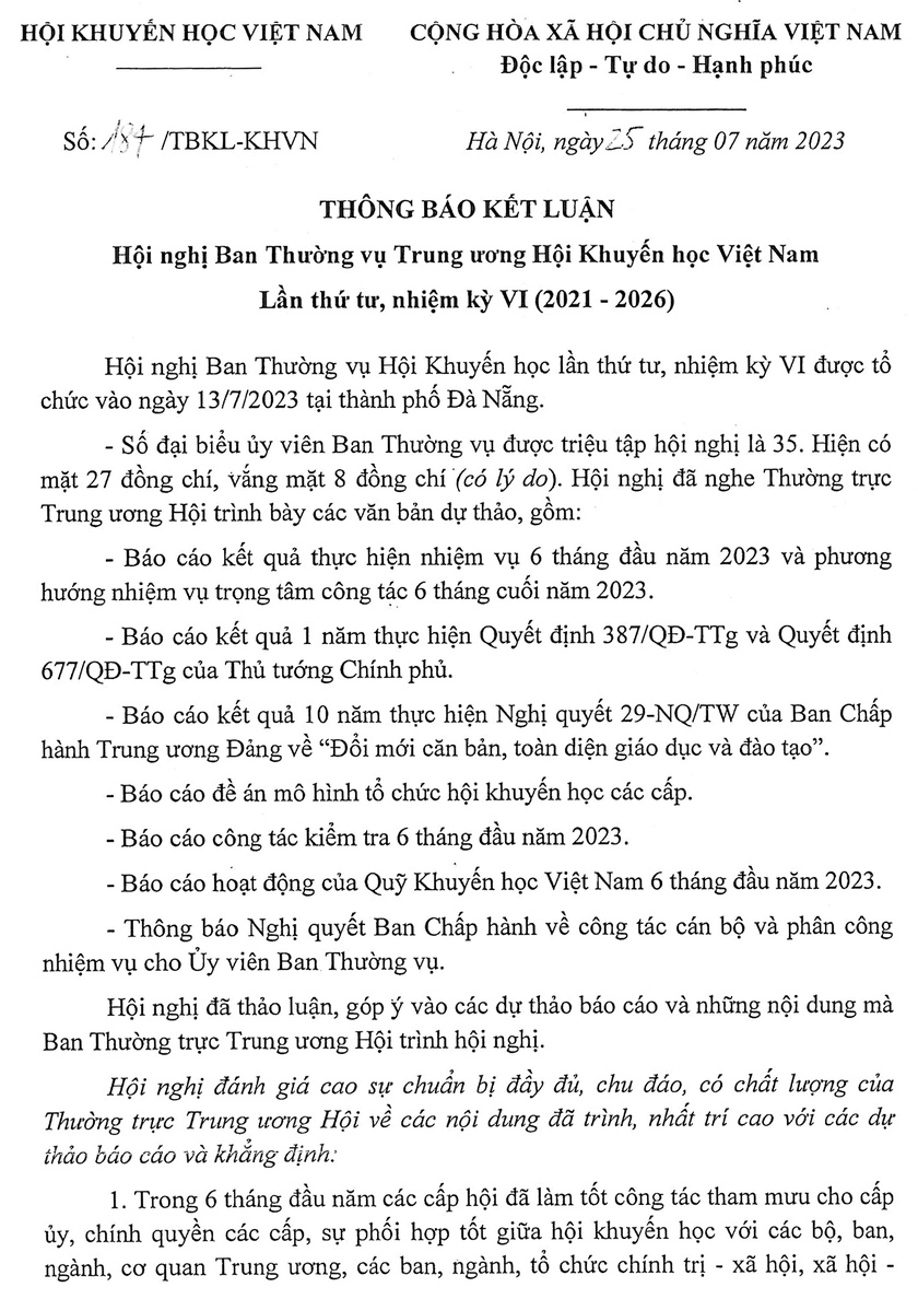 Hội Khuyến học Việt Nam thông báo kết luận Hội nghị Ban thường vụ lần thứ tư, nhiệm kỳ VI (2021-2026) - Ảnh 1.