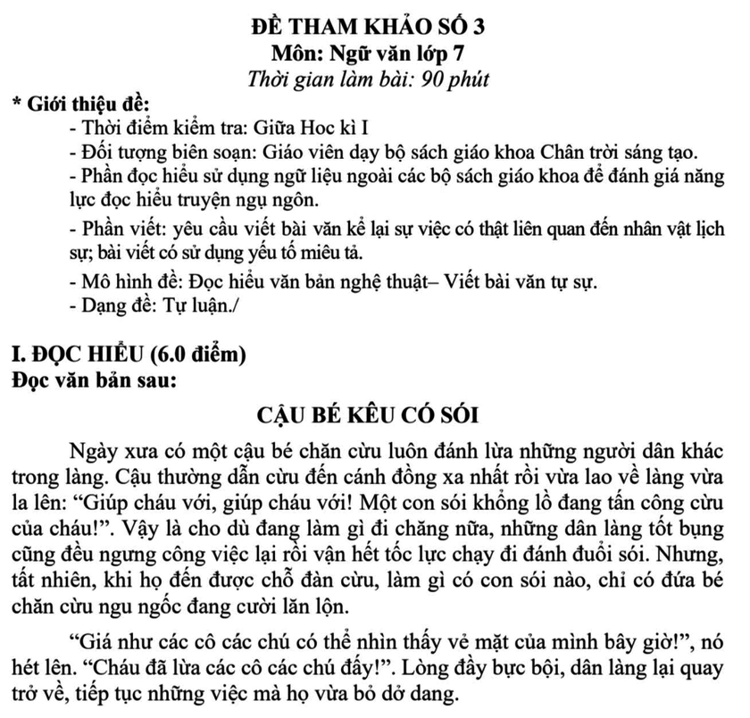 Đề tập huấn Ngữ văn 7: Cậu bé kêu có sói - Ảnh 1.