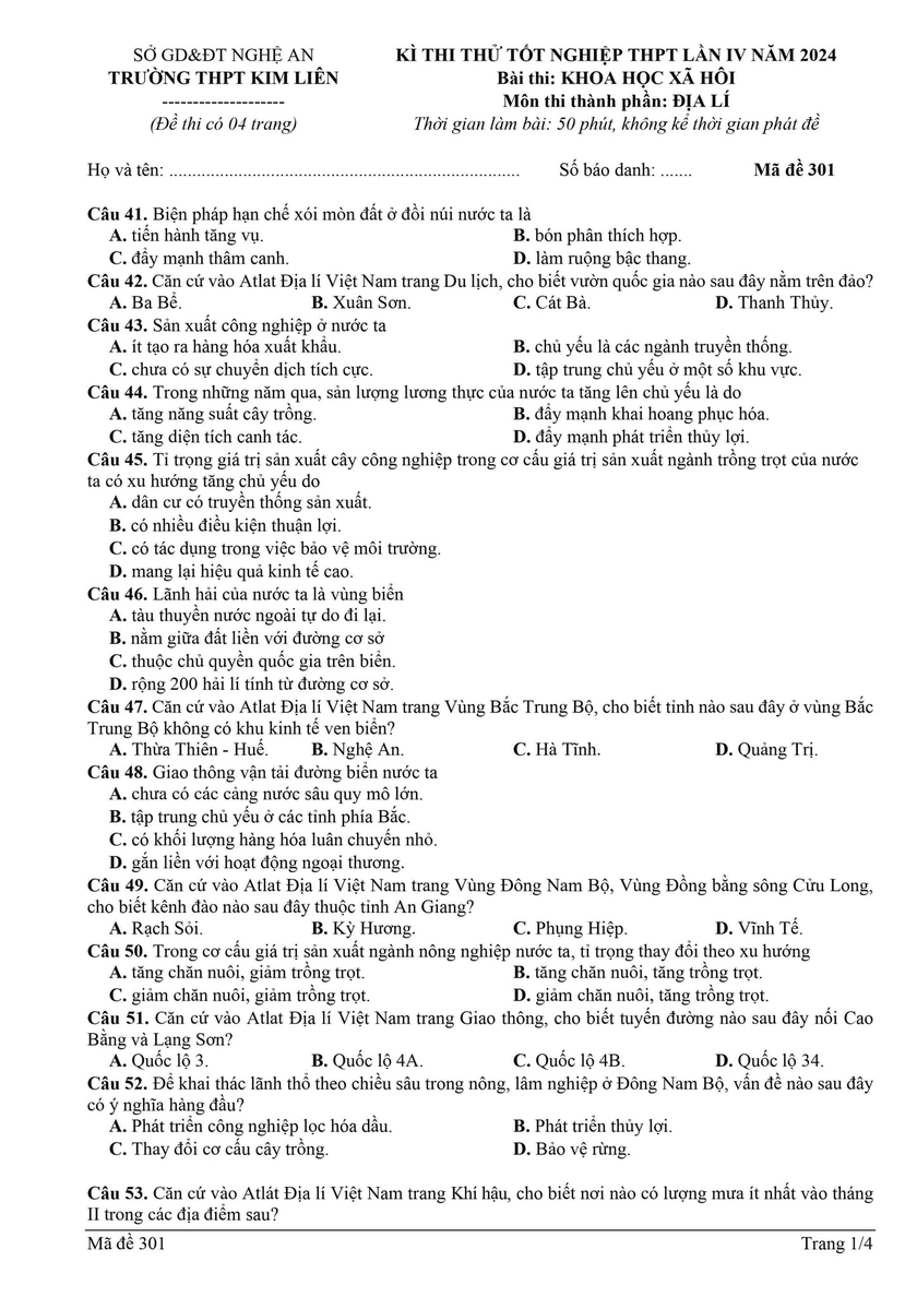 Đề thi thử tốt nghiệp trung học phổ thông môn Địa lí của Trường Kim Liên- Ảnh 1.