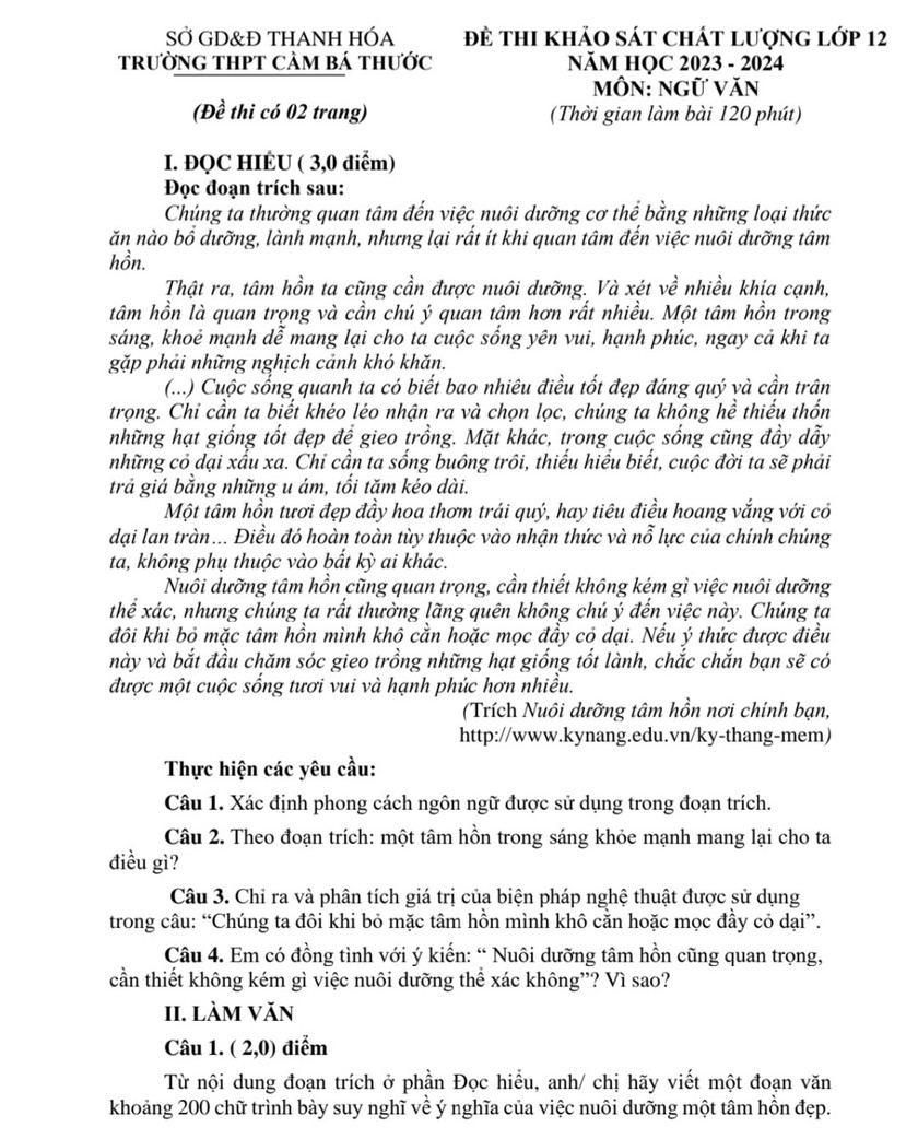 Đề thi thử tốt nghiệp môn Ngữ văn: Ý nghĩa của việc nuôi dưỡng một tâm hồn đẹp- Ảnh 1.