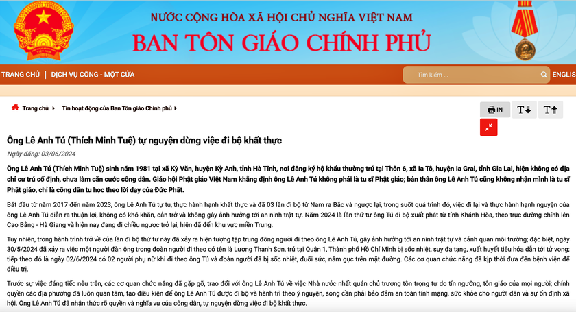 Ban Tôn giáo Chính phủ: Công dân Lê Anh Tú (Thích Minh Tuệ) tự nguyện dừng việc đi bộ khất thực- Ảnh 1.