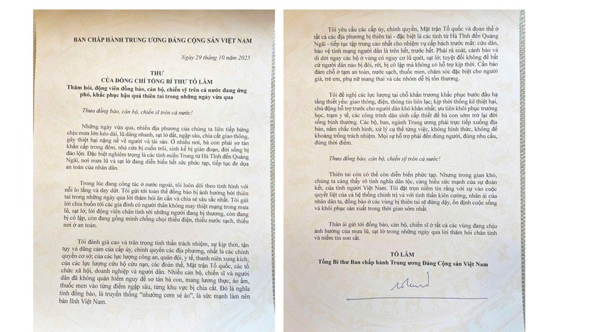 Tổng Bí thư Tô Lâm gửi thư thăm hỏi, động viên đồng bào, cán bộ, chiến sĩ đang ứng phó, khắc phục thiên tai - Ảnh 1.