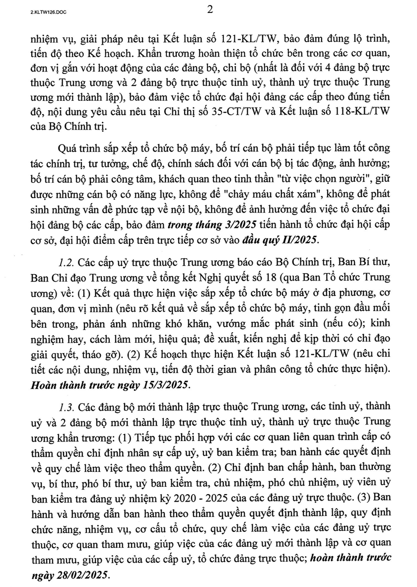 Toàn văn Kết luận 126-KL/TW về tiếp tục sắp xếp, tinh gọn bộ máy hệ thống chính trị năm 2025 - Ảnh 4.