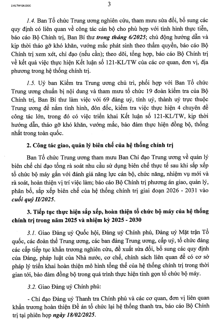 Toàn văn Kết luận 126-KL/TW về tiếp tục sắp xếp, tinh gọn bộ máy hệ thống chính trị năm 2025 - Ảnh 3.