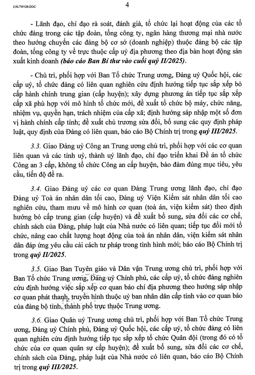 Toàn văn Kết luận 126-KL/TW về tiếp tục sắp xếp, tinh gọn bộ máy hệ thống chính trị năm 2025 - Ảnh 2.