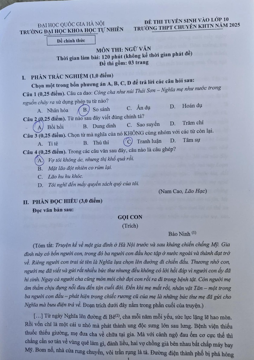 Gợi ý đáp án môn Ngữ văn thi vào lớp 10 Trường Trung học phổ thông chuyên Khoa học Tự nhiên - Ảnh 1.
