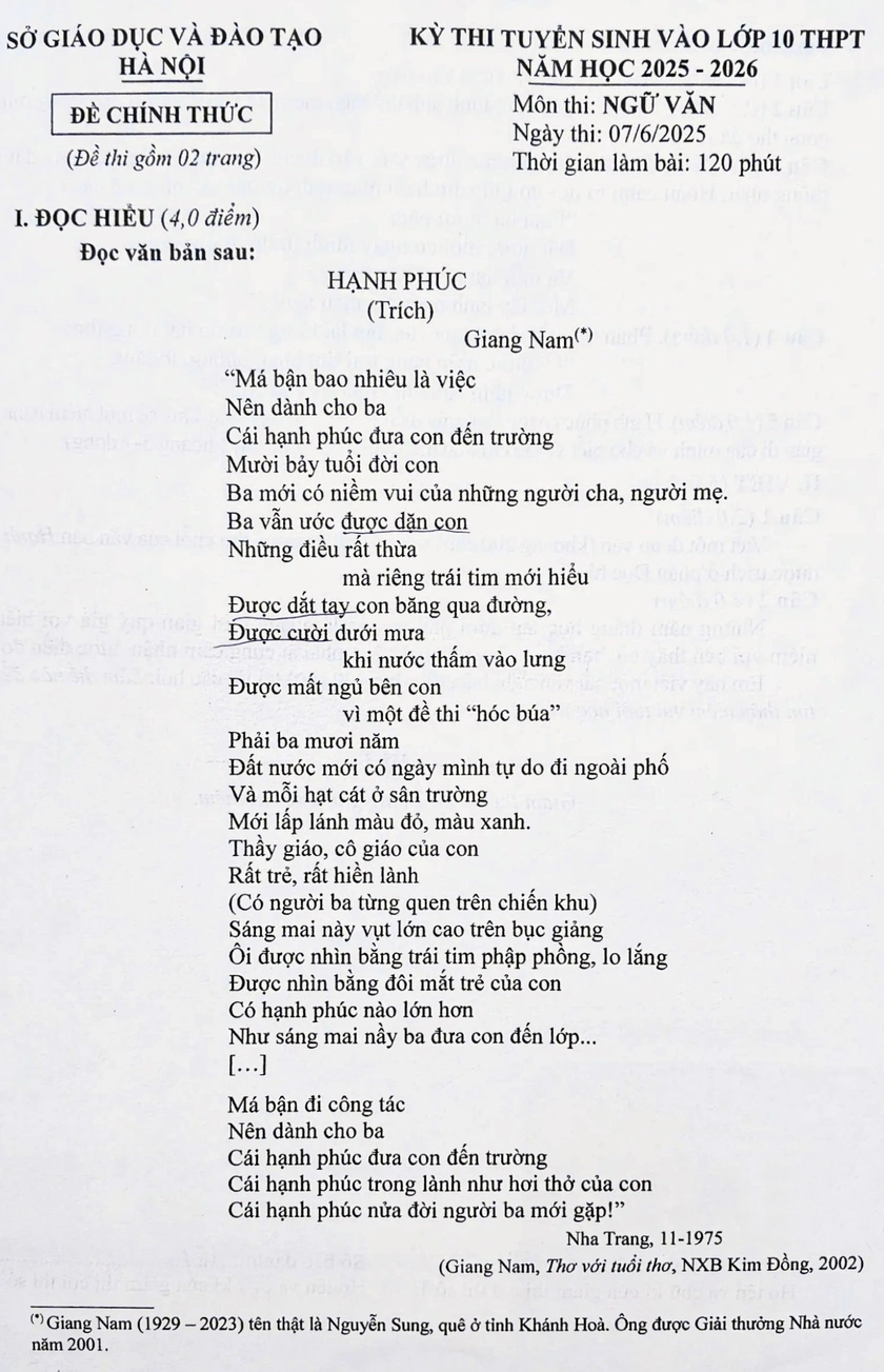 "Hạnh phúc" vào đề Ngữ văn thi vào lớp 10 tại Hà Nội- Ảnh 1. "Hạnh phúc" vào đề Ngữ văn thi vào lớp 10 tại Hà Nội- Ảnh 1.