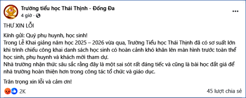 Trường học xin lỗi công khai việc trình chiếu hoàn cảnh gia đình học sinh trong lễ khai giảng - Ảnh 2.