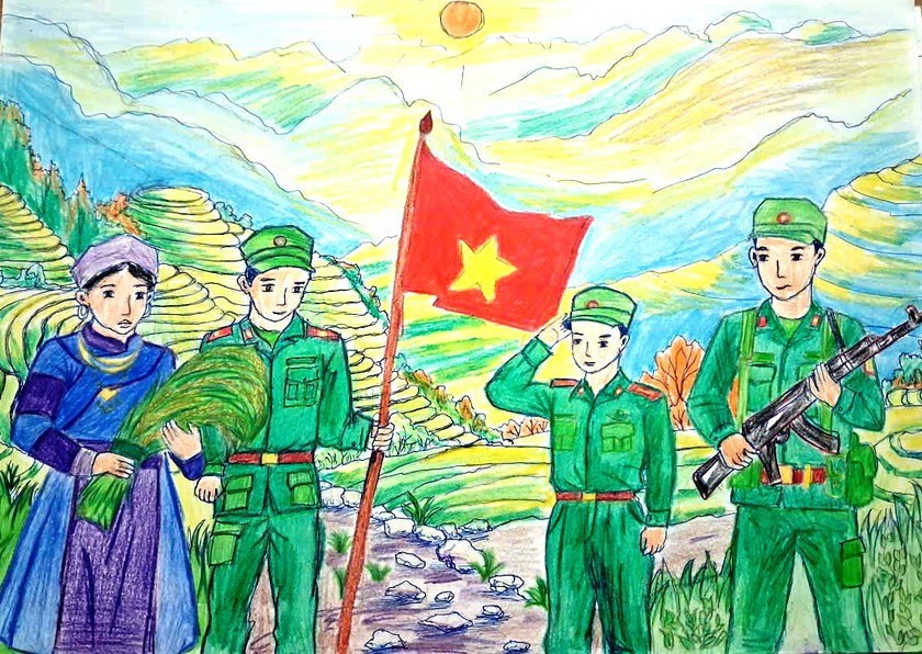 Học sinh v&ugrave;ng cao Y T&yacute; vẽ tranh "Ch&aacute;u y&ecirc;u ch&uacute; bộ đội Bi&ecirc;n ph&ograve;ng" - Ảnh 3.