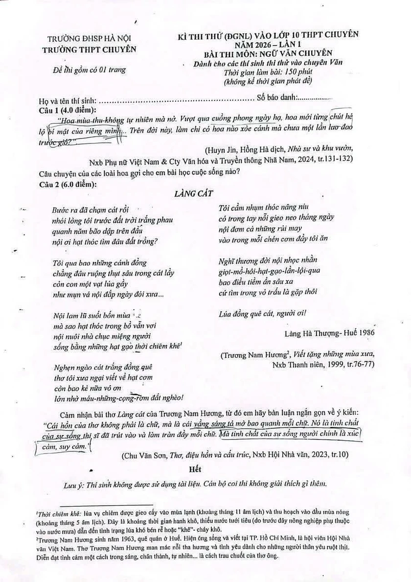 Đề thi thử v&agrave;o lớp 10 m&ocirc;n Văn của Trường Trung học phổ th&ocirc;ng chuy&ecirc;n Đại học Sư phạm H&agrave; Nội - Ảnh 1.