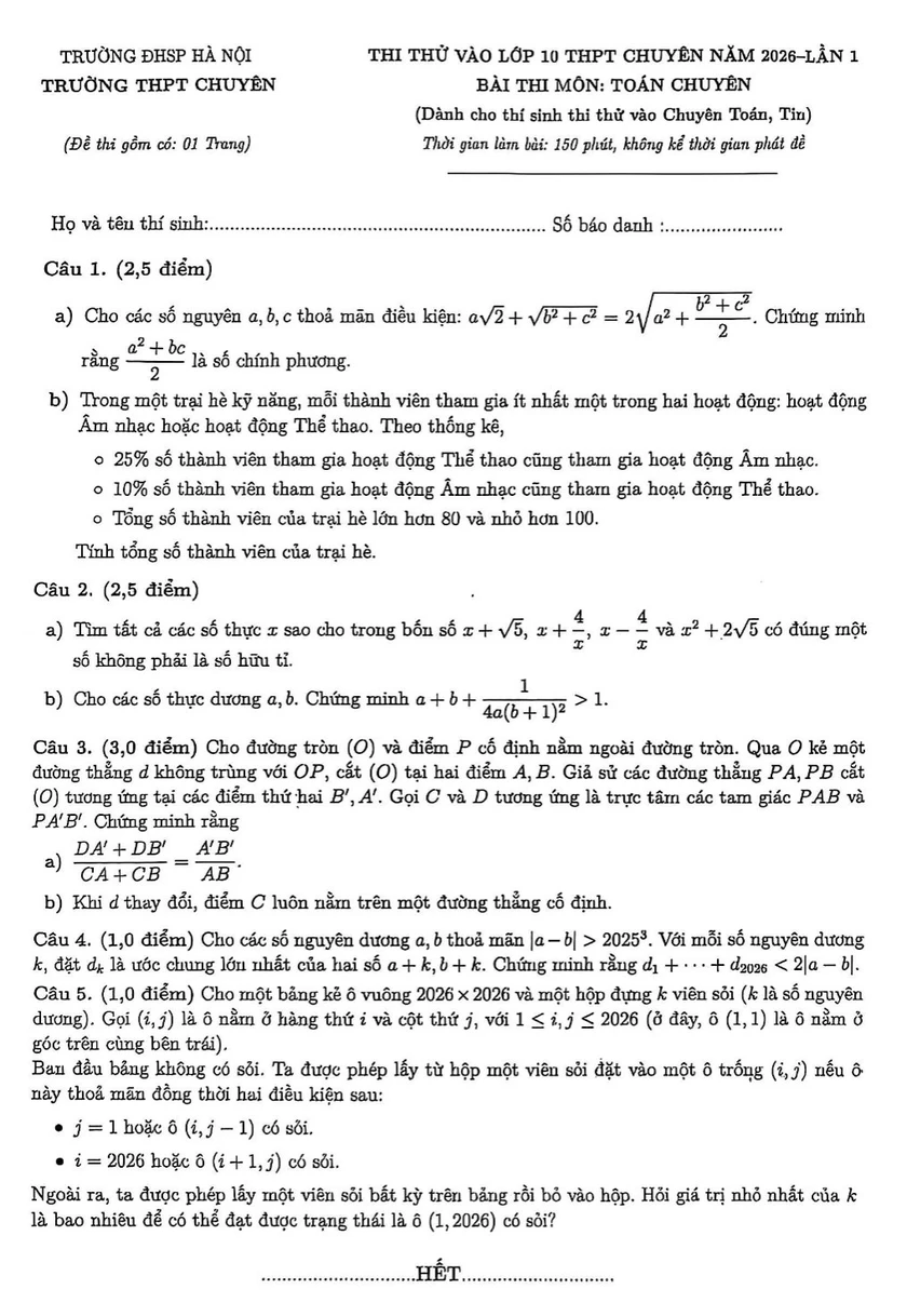 Đề thi thử v&agrave;o lớp 10 m&ocirc;n To&aacute;n của Trường Trung học phổ th&ocirc;ng chuy&ecirc;n Đại học Sư phạm H&agrave; Nội - Ảnh 1.