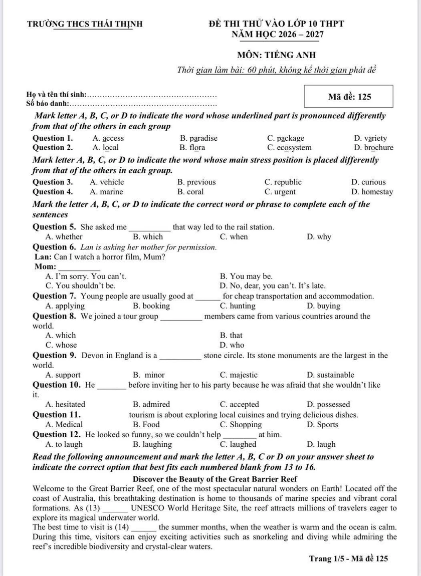 Đề thi thử v&agrave;o lớp 10 m&ocirc;n Tiếng Anh của Trường Trung học cơ sở Th&aacute;i Thịnh (H&agrave; Nội) - Ảnh 1.
