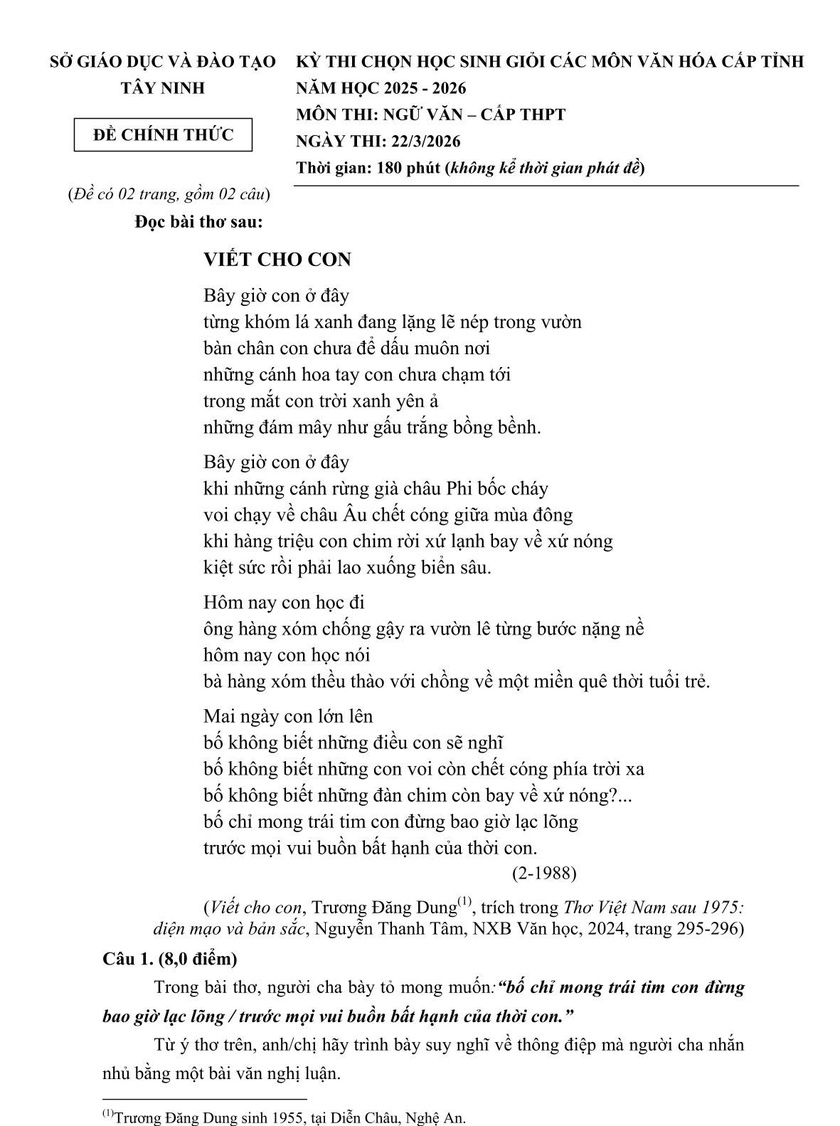 Đề thi học sinh giỏi Ngữ văn của T&acirc;y Ninh đ&aacute;nh thức tr&aacute;ch nhiệm v&agrave; l&ograve;ng nh&acirc;n &aacute;i trong thế giới đầy biến động - Ảnh 2.