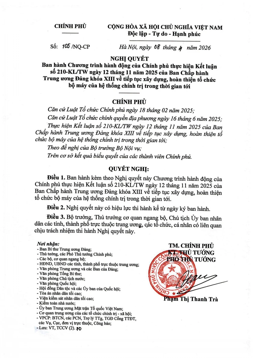 Nghị quyết 105/NQ-CP của Ch&iacute;nh phủ về tiếp tục x&acirc;y dựng, ho&agrave;n thiện tổ chức bộ m&aacute;y - Ảnh 1.