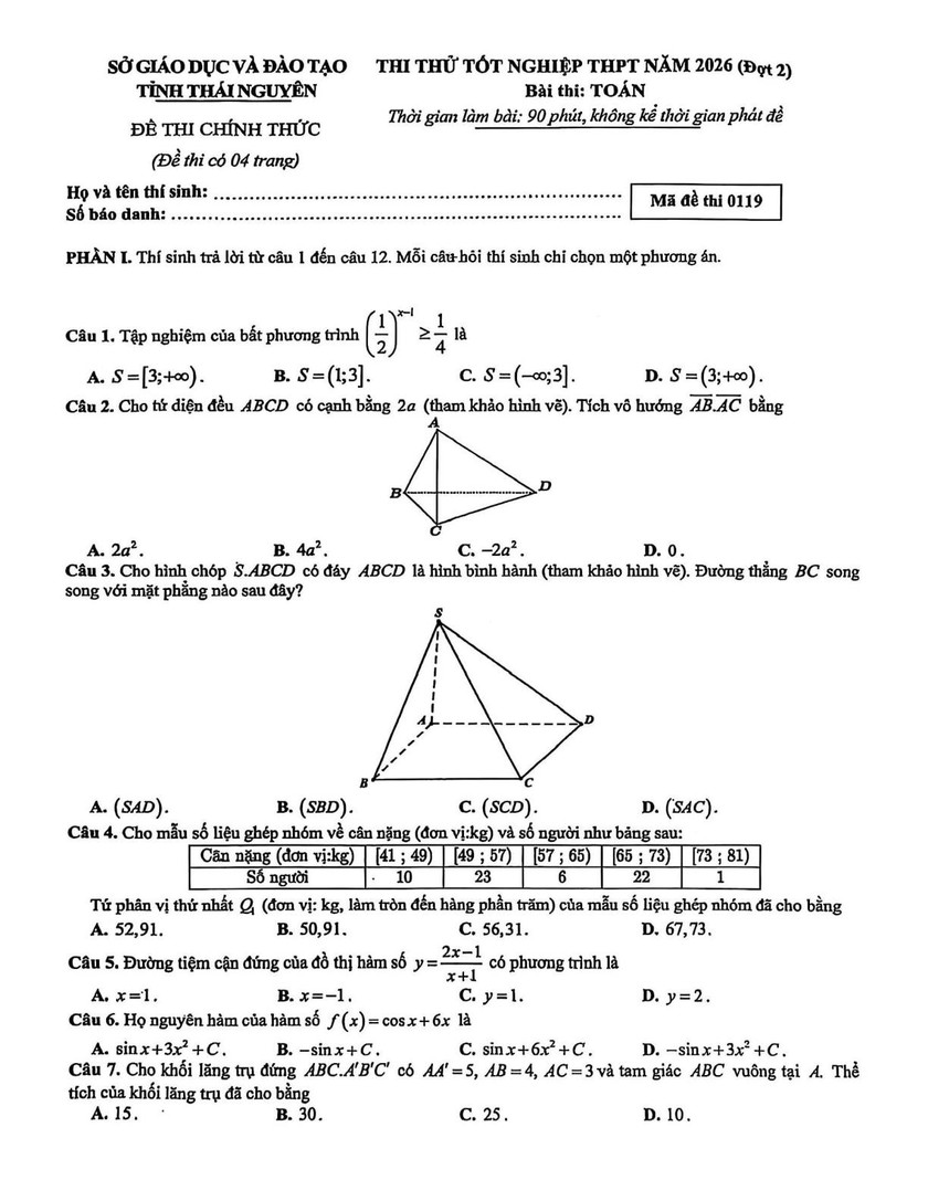 Đề thi thử tốt nghiệp trung học phổ th&ocirc;ng đợt 2 năm 2026 m&ocirc;n To&aacute;n của Sơn La  - Ảnh 1.