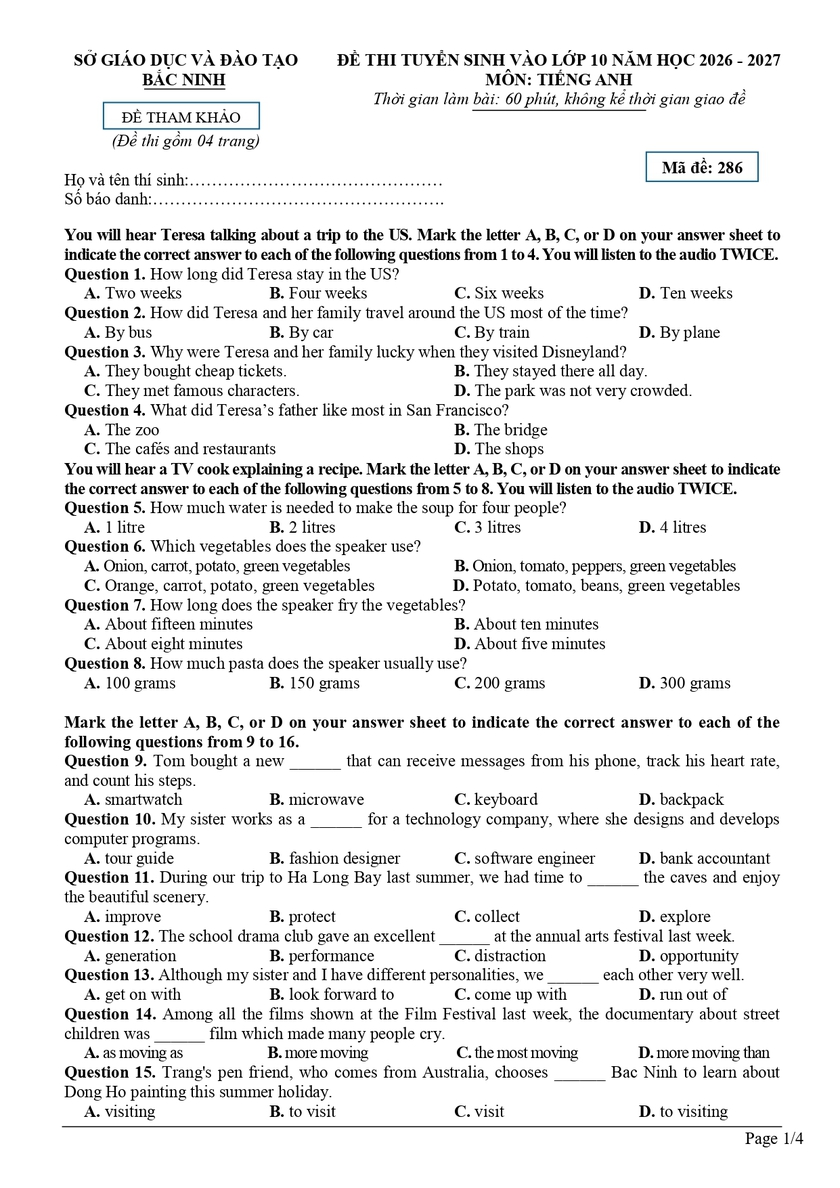 Đề thi thử v&agrave;o lớp 10 m&ocirc;n Tiếng Anh của Bắc Ninh năm 2026 - Ảnh 1.