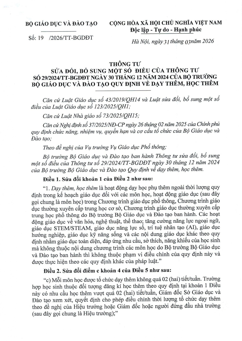 Th&ocirc;ng tư 19/2026/TT-BGDĐT sửa đổi, bổ sung quy định về dạy th&ecirc;m, học th&ecirc;m - Ảnh 4.