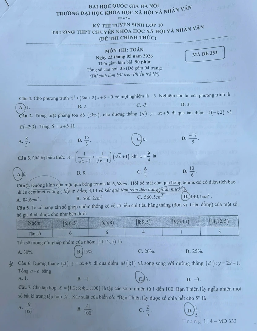 Gợi &yacute; đ&aacute;p &aacute;n m&ocirc;n To&aacute;n thi v&agrave;o lớp 10 Trường Trung học phổ th&ocirc;ng chuy&ecirc;n Khoa học X&atilde; hội v&agrave; Nh&acirc;n văn năm 2026 - Ảnh 1.