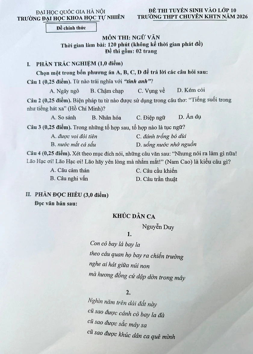 Đề Ngữ văn thi v&agrave;o lớp 10 Trường Trung học phổ th&ocirc;ng chuy&ecirc;n Khoa học Tự nhi&ecirc;n năm 2026 - Ảnh 1.
