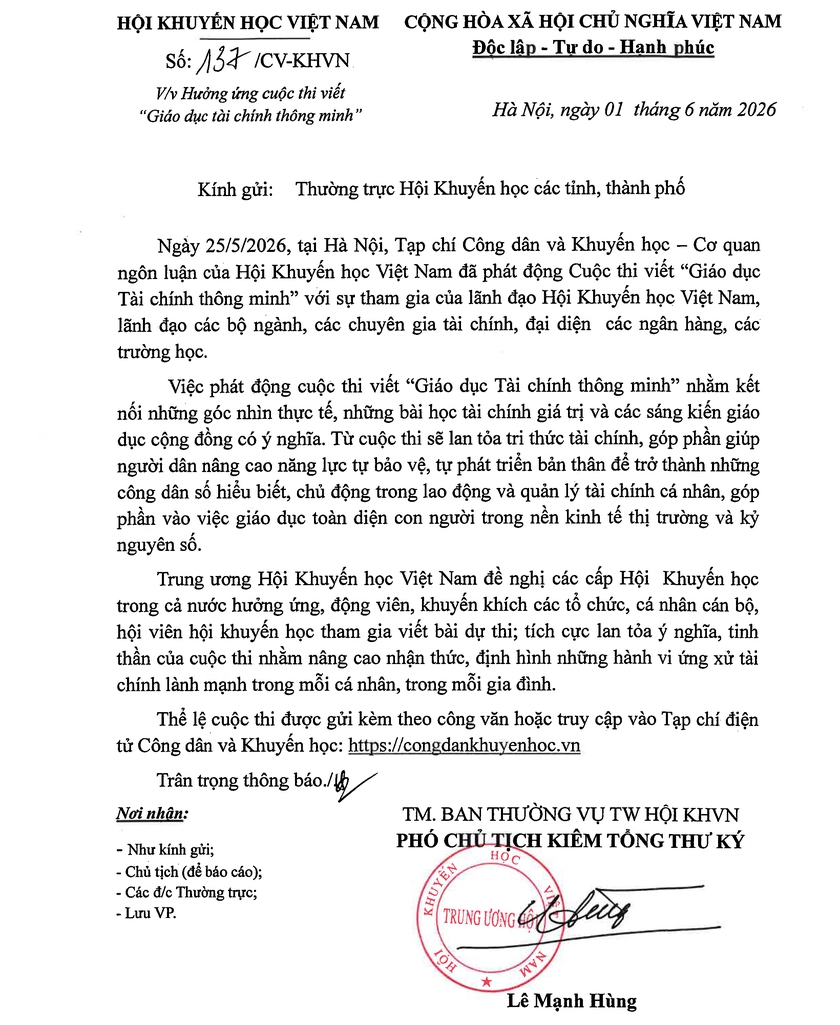 Trung ương Hội Khuyến học Việt Nam phát động hưởng ứng cuộc thi viết "Giáo dục tài chính thông minh" - Ảnh 1.