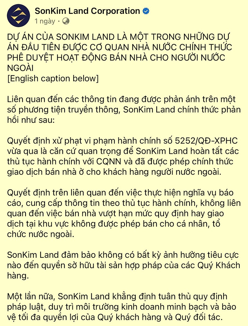 SonKim Land l&ecirc;n tiếng vụ b&aacute;n 136 căn hộ cho người nước ngo&agrave;i bị xử phạt - Ảnh 3.