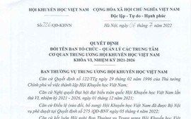 Quyết định số 226/QĐ-KHVN đổi tên Ban Tổ chức - Quản lý các Trung tâm, Cơ quan trung ương Hội Khuyến học Việt Nam