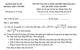 Đề thi thử vào lớp 10 môn Toán của Trường Trung học phổ thông chuyên Đại học Sư phạm Hà Nội