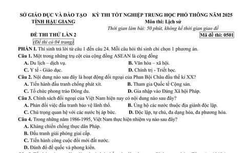Đề thi thử tốt nghiệp trung học phổ thông môn Lịch sử của Hậu Giang