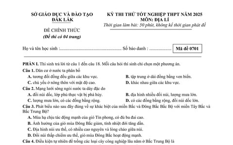 Đề thi thử tốt nghiệp trung học phổ thông môn Địa lí của Đắk Lắk