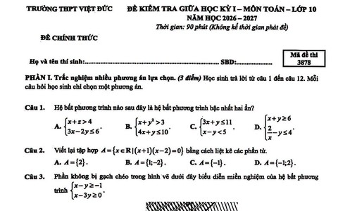 Đề kiểm tra giữa học kỳ 1 môn Toán lớp 10 của Trường Trung học phổ thông Việt Đức