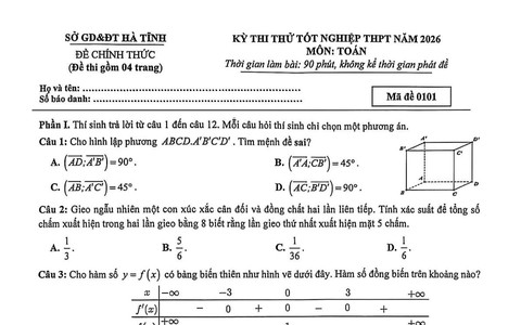 Đề thi thử tốt nghiệp trung học phổ thông năm 2026 môn Toán của Hà Tĩnh