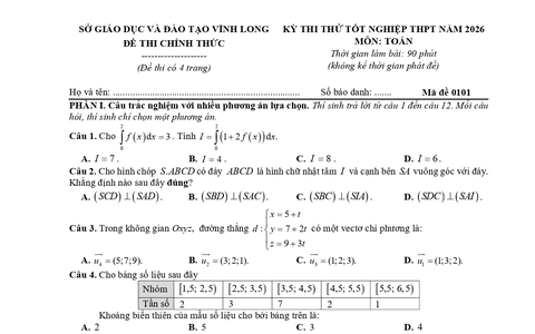 Đề thi thử tốt nghiệp trung học phổ thông năm 2026 môn Toán của Vĩnh Long