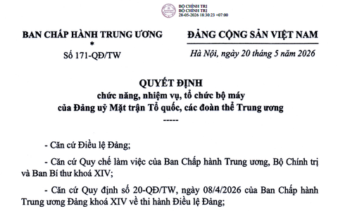 Bộ Chính trị quy định chức năng, nhiệm vụ, bộ máy Đảng ủy Mặt trận Tổ quốc, các đoàn thể Trung ương